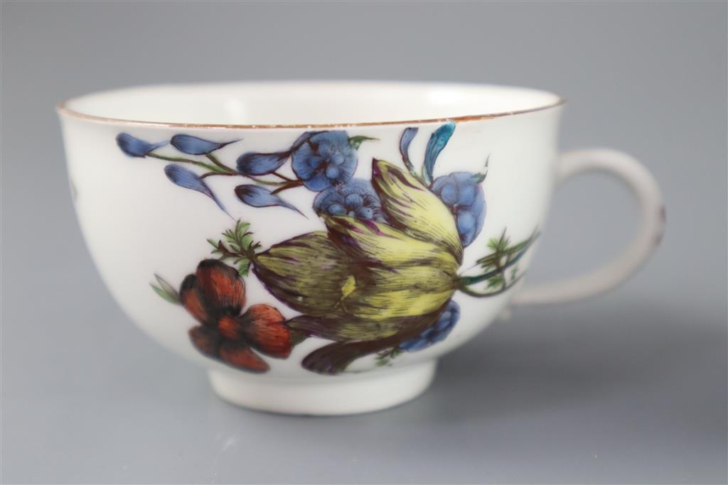 A Meissen botanical chocolate cup and a similar coffee cup and saucer, c.1740-50